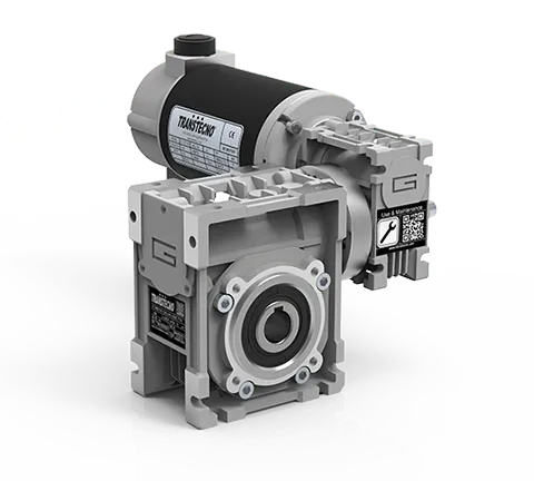 Transtecno ECMM DC double reduction worm gearmotor with two aluminium worm gearboxes and ferrite permanent magnet DC motor